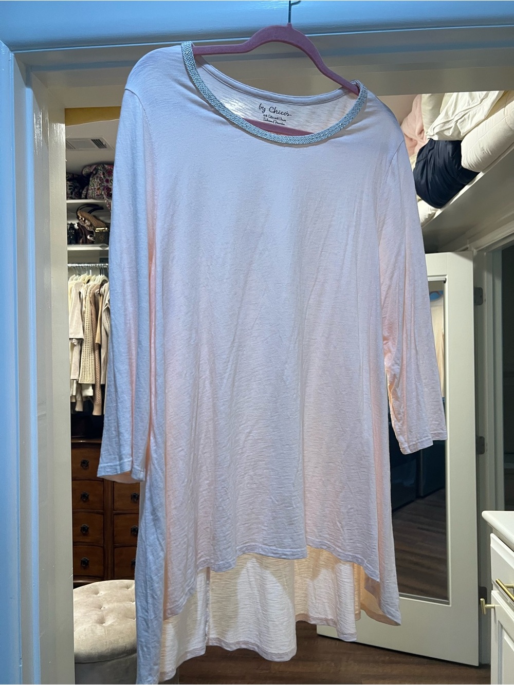Chico's Pale Pink Long-Sleeve Swing Tunic with Metallic Trim